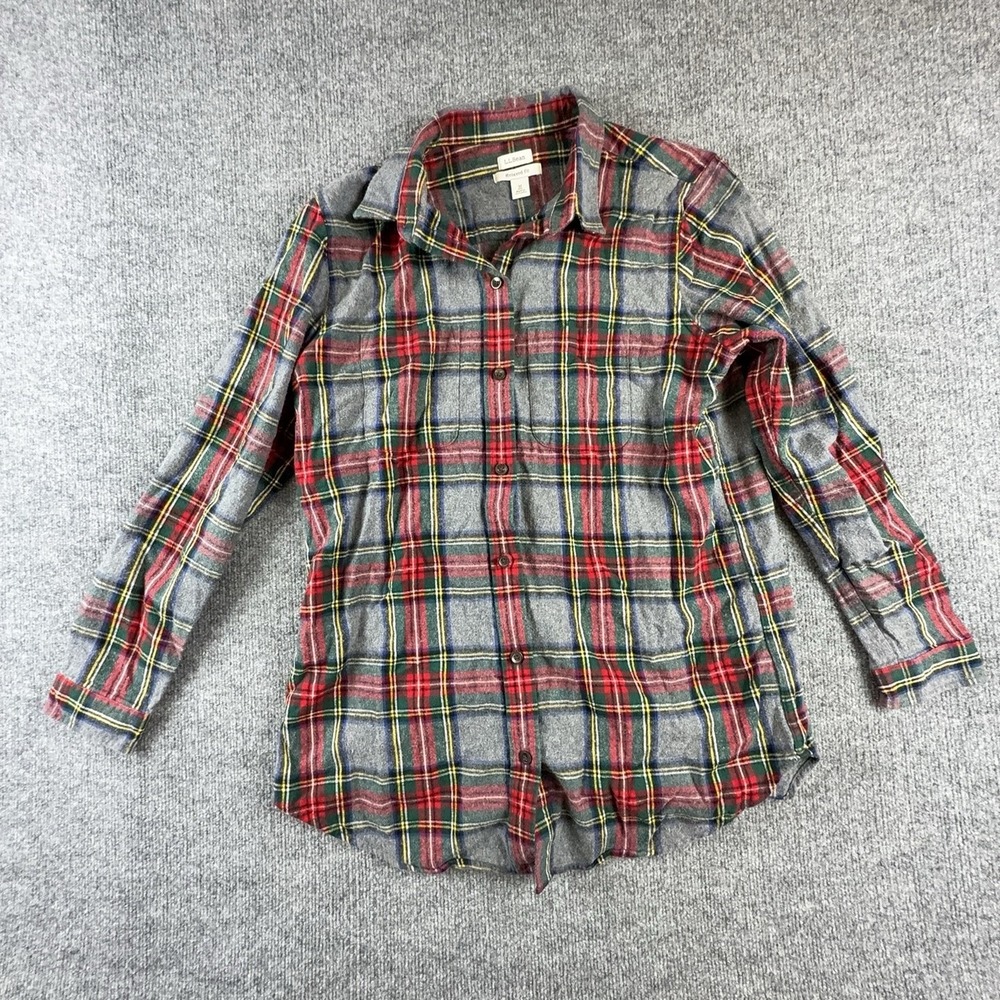 L.L. Bean Mens Medium Gray Plaid Flannel Long Sleeve Relaxed Fit Shirt 508276